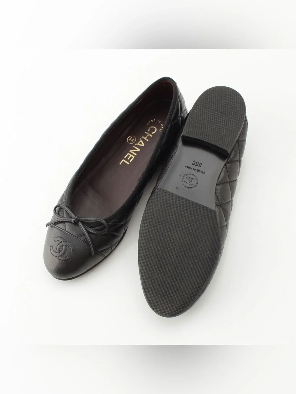 CHANEL Aged Calfskin Quilted CC Cap Toe Ballerina Flats / Size EU35